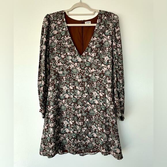 EUC Aritzia Sunday Best Grayson Floral Print Long Sleeve Mini Dress 8 Mocha Teal - Picture 13 of 16